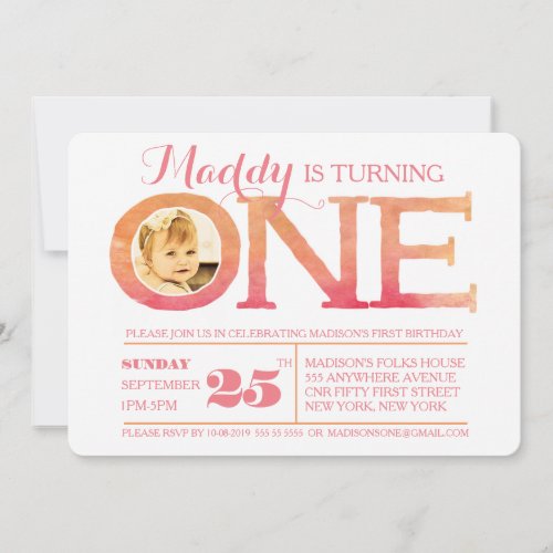 1st Birthday Ombre Watercolor One Photo Invitation