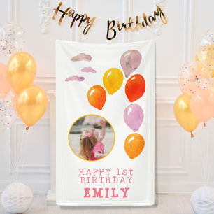 1st Birthday One Balloons Girl Photo Banner
