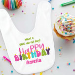 1st Birthday One-derful Day Colorful Candles Baby Bib<br><div class="desc">1st Birthday Bib which you can personalize for your baby girl's first birthday with her name and your custom text. The wording currently reads "what a one-derful day" and you can edit this if you wish. The design has colorful candles lettered in cute and whimsical, groovy retro typography in pink,...</div>