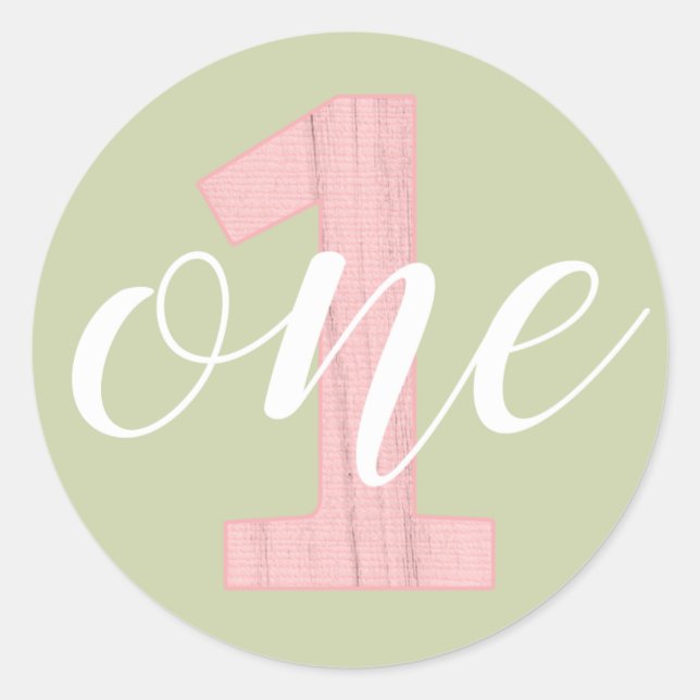 1st Birthday One Sage Green & Pink Wood Classic Round Sticker (Front)