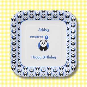 1st birthday panda blue balloon paper plates