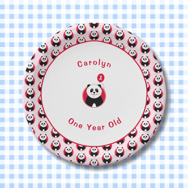 1st birthday panda red pattern paper plates (Creator Uploaded)
