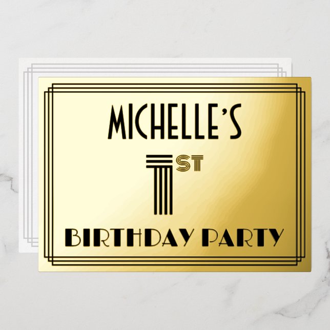 1st Birthday Party — Art Deco Style “1” & Name Foil Invitation (Front/Back)