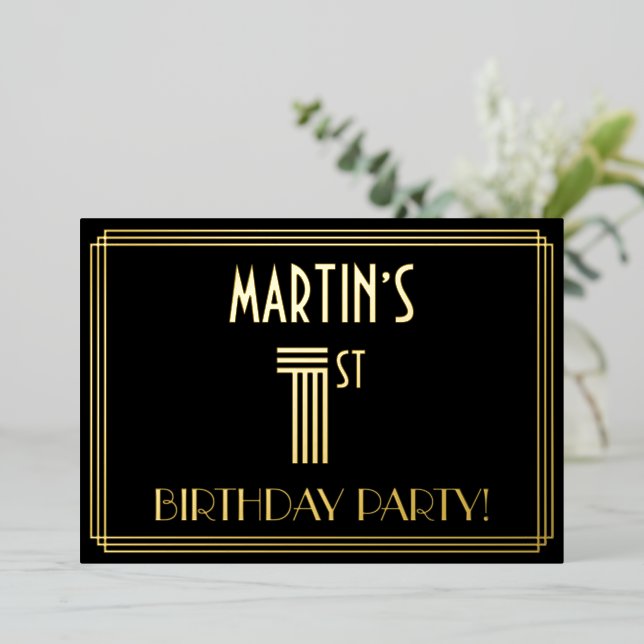 1st Birthday Party — Art Deco Style “1” + Name Foil Invitation (Standing Front)