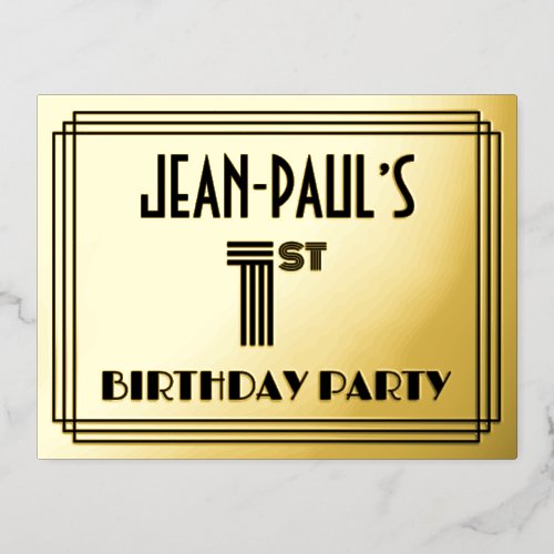 1st Birthday Party  Art Deco Style 1  Name Foil Invitation Postcard