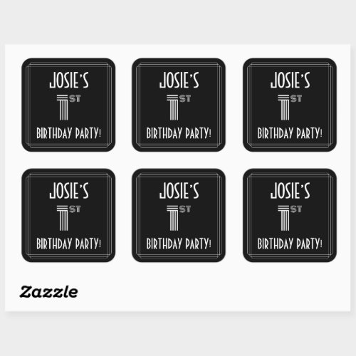 1st Birthday Party Art Deco Style  Custom Name Square Sticker