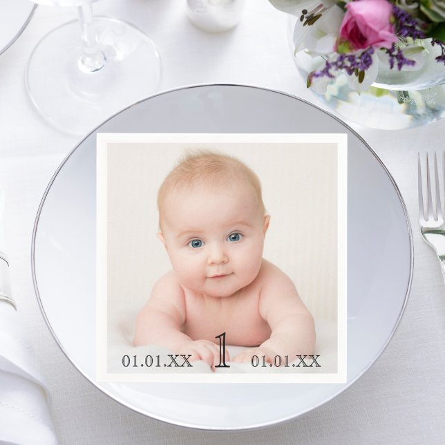 1st birthday party baby photo date age napkins (Creator Uploaded)