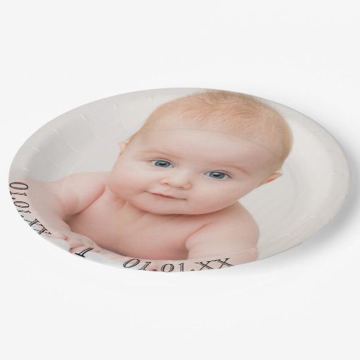 1st birthday party baby photo date age paper plates | Zazzle