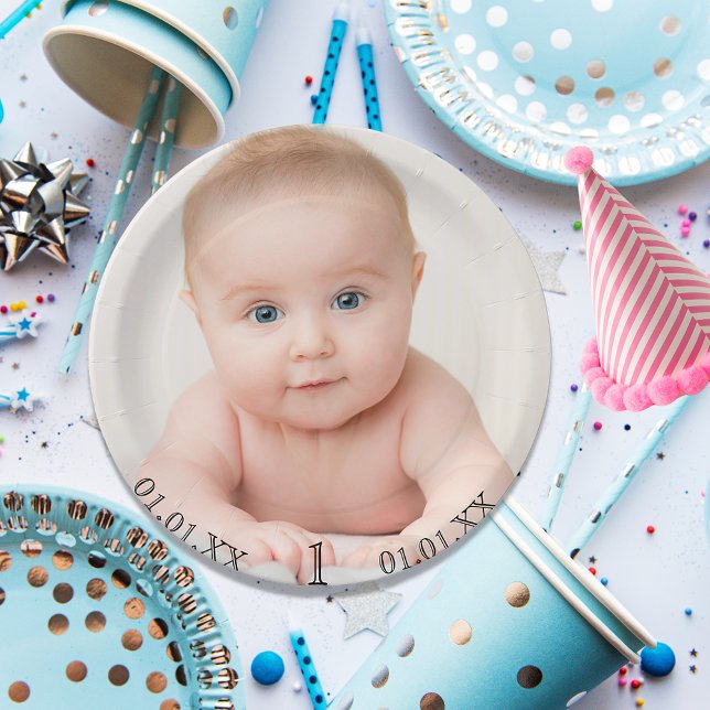 1st birthday party baby photo date age paper plates (Creator Uploaded)