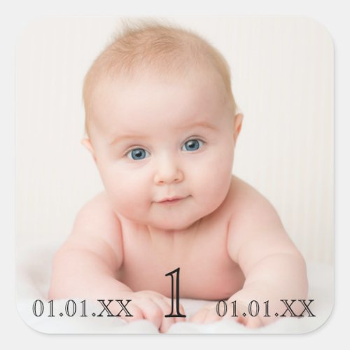 1st birthday party baby photo date age square sticker