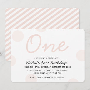 1st BIRTHDAY PARTY baby pink girl ONE polka dots Invitation