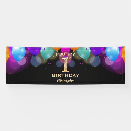 1st Birthday Party Black and Gold Balloons Banner