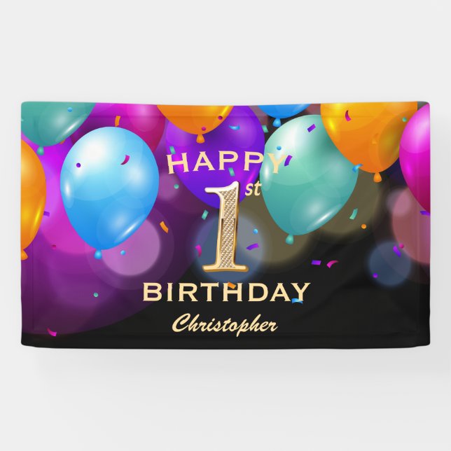 1st Birthday Party Black and Gold Balloons Banner (Horizontal)