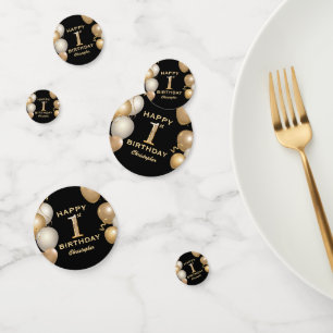 1st Birthday Party Black and Gold Balloons Confetti