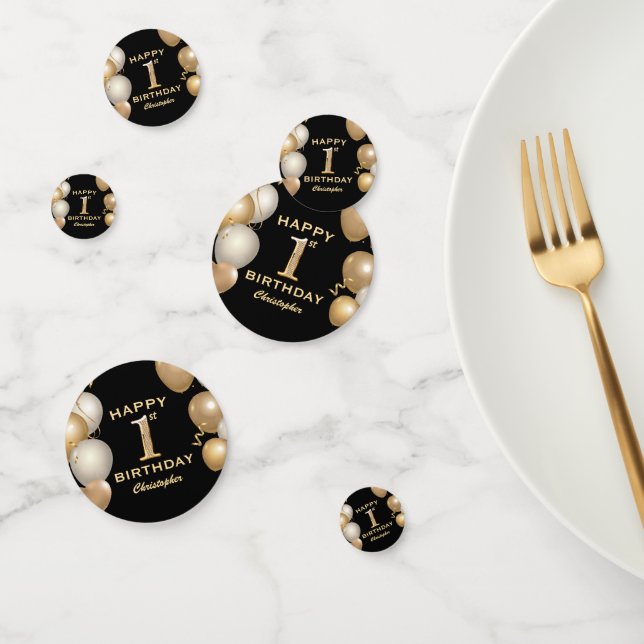 1st Birthday Party Black and Gold Balloons Confetti (Group)