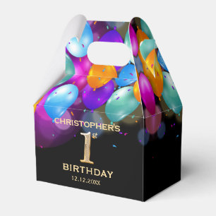 1st Birthday Party Black and Gold Balloons Favor Boxes