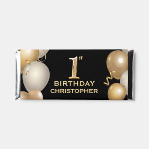 1st Birthday Party Black and Gold Balloons Hershey Bar Favors