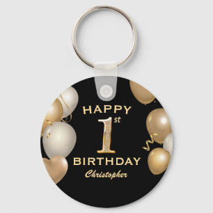 1st Birthday Party Black and Gold Balloons Keychain