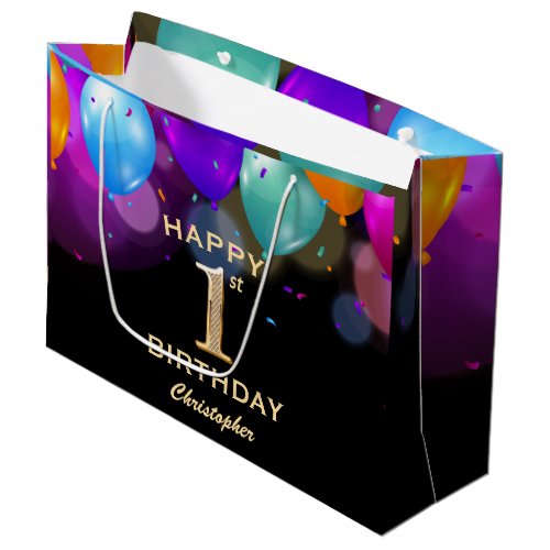 1st Birthday Party Black and Gold Balloons Large Gift Bag