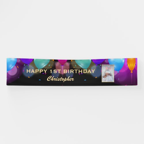 1st Birthday Party Black and Gold Balloons Photo Banner