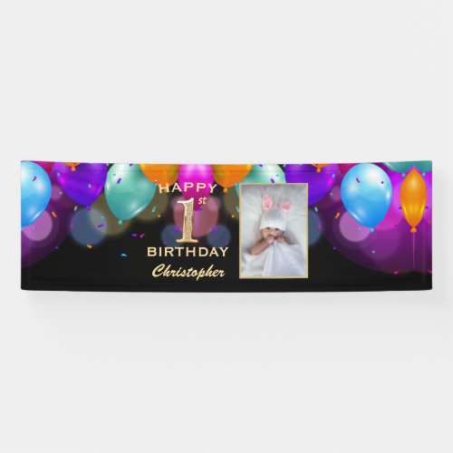 1st Birthday Party Black and Gold Balloons Photo Banner