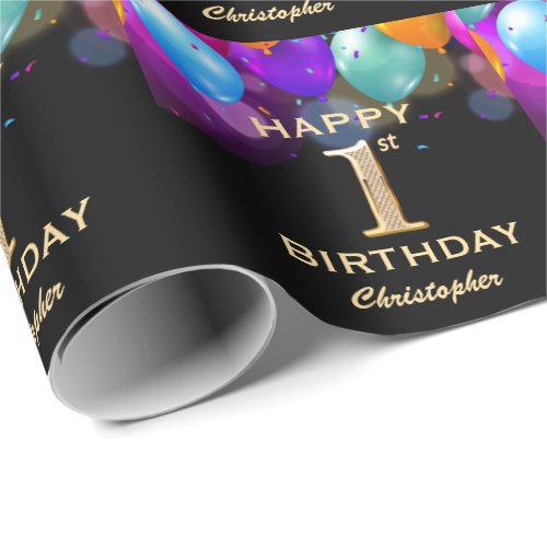 1st Birthday Party Black and Gold Balloons Wrapping Paper