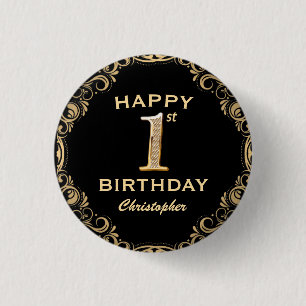 1st Birthday Party Black and Gold Glitter Frame Button