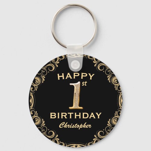 1st Birthday Party Black and Gold Glitter Frame Keychain