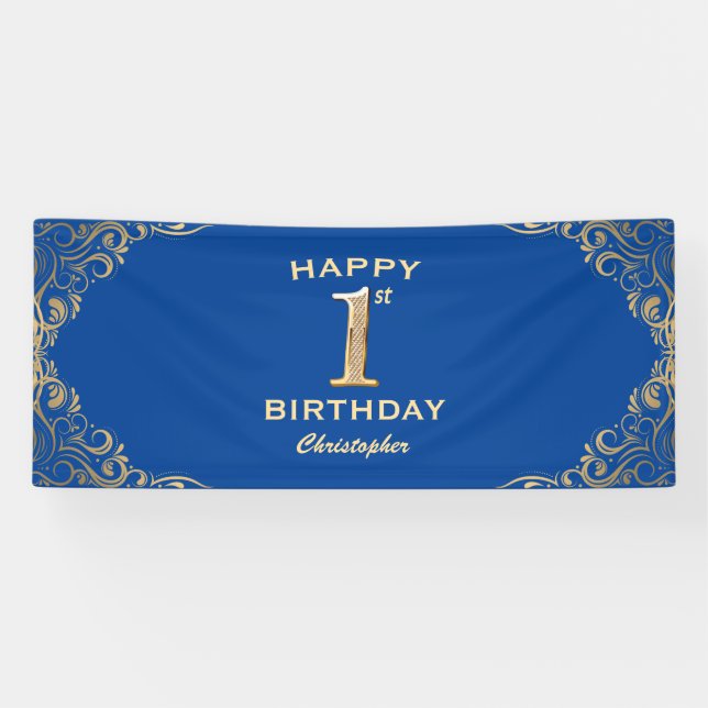 1st Birthday Party Blue and Gold Glitter Frame Banner (Horizontal)
