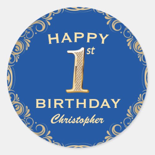 1st Birthday Party Blue and Gold Glitter Frame Classic Round Sticker
