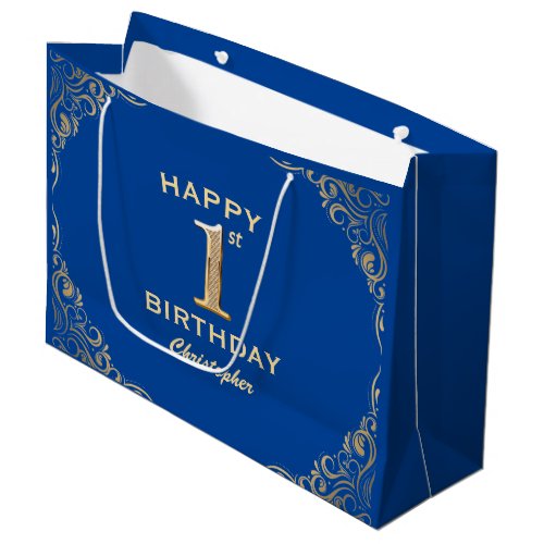 1st Birthday Party Blue and Gold Glitter Frame Large Gift Bag
