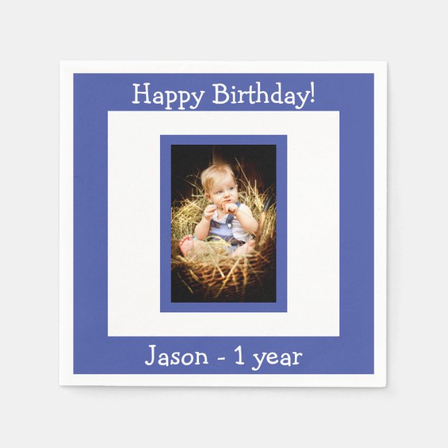 1st birthday party blue boy photo napkins (Front)