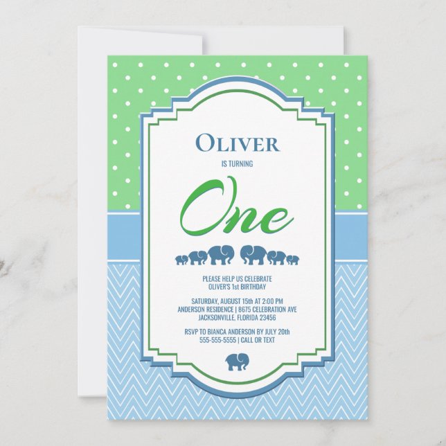 1st Birthday Party Blue Elephants Invitation (Front)