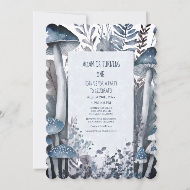 1st Birthday Party Blue Mushrooms Boho Woods Cute Invitation (Front)