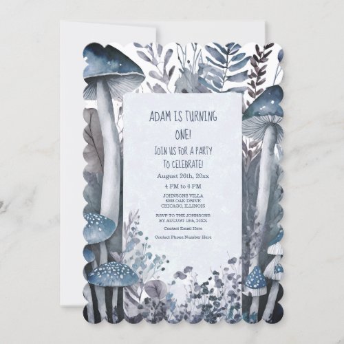 1st Birthday Party Blue Mushrooms Boho Woods Cute Invitation