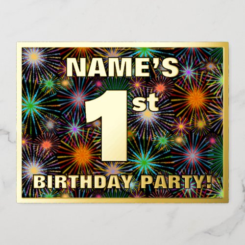 1st Birthday Party Bold Colorful Fireworks Look Foil Invitation Postcard