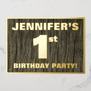 1st Birthday Party: Bold, Faux Wood Grain Pattern Foil Invitation