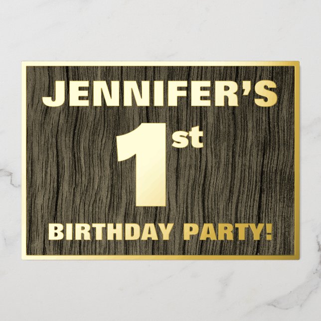 1st Birthday Party: Bold, Faux Wood Grain Pattern Foil Invitation (Front)