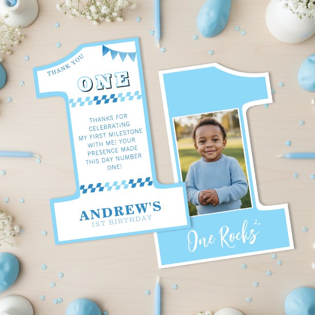 1st Birthday Party Boys Blue One Photo Thank You Card (1st Birthday Party Boys Blue One Photo Thank You Card
)