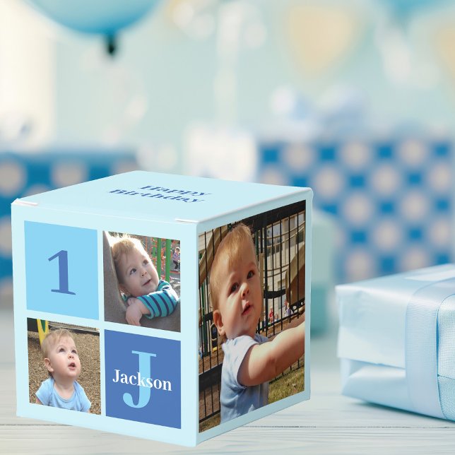 1st Birthday Party Boys Photo Collage Blue Favor Boxes (Creator Uploaded)