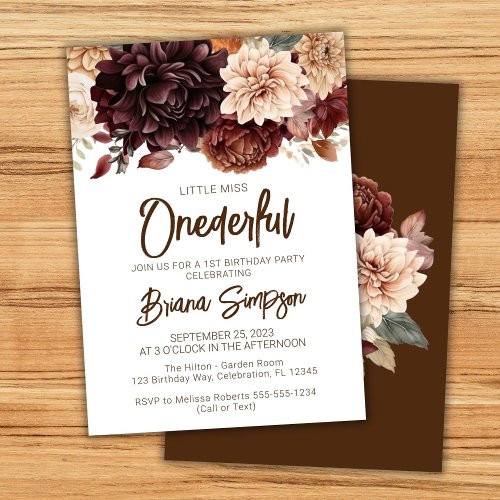 1st Birthday Party Brown Beige Flowers Floral Invitation