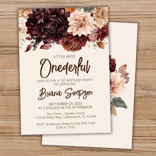 1st Birthday Party Brown Ivory Beige Floral Invitation