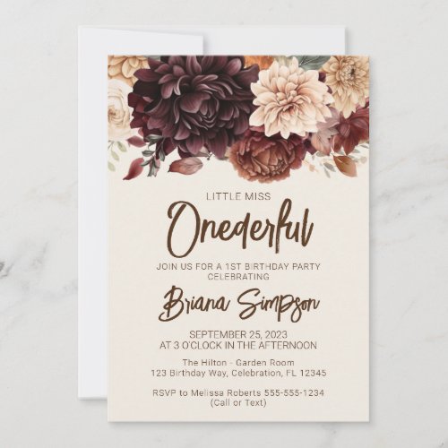 1st Birthday Party Brown Ivory Beige Floral Invitation
