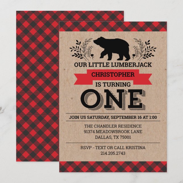 1st Birthday Party Buffalo Plaid Lumberjack Invitation (Front/Back)