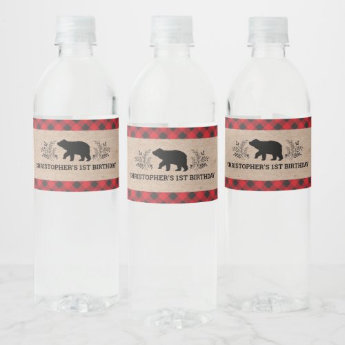 1st Birthday Party Buffalo Plaid Lumberjack Water Bottle Label