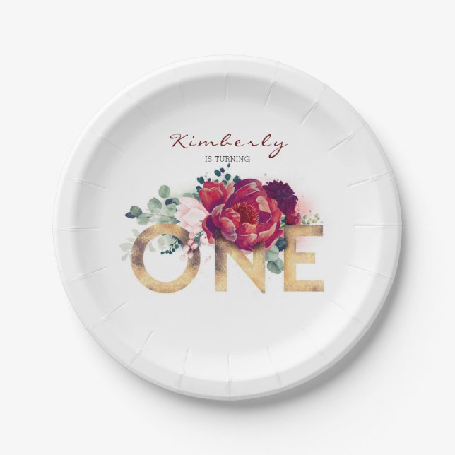 1st Birthday Party Burgundy Red Flowers Paper Plates (Front)