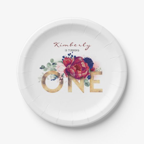 1st Birthday Party Burgundy Red Flowers Paper Plates