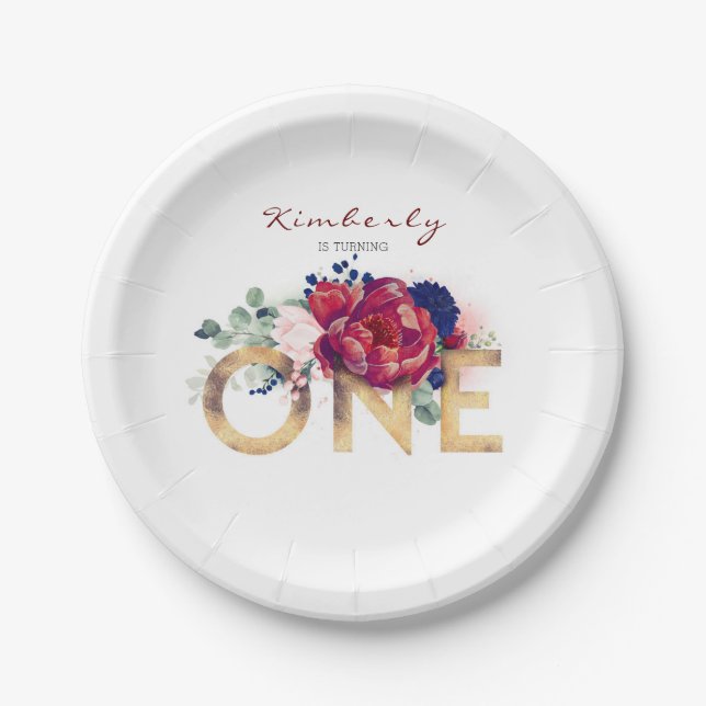 1st Birthday Party Burgundy Red Flowers Paper Plates (Front)