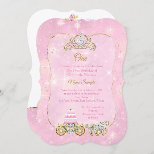 1st birthday Party Cinderella Pink Carriage Cake Invitation