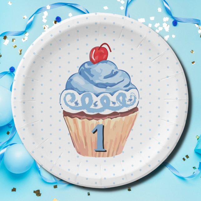1st Birthday Party Cupcake Boys Blue Paper Plates (Creator Uploaded)